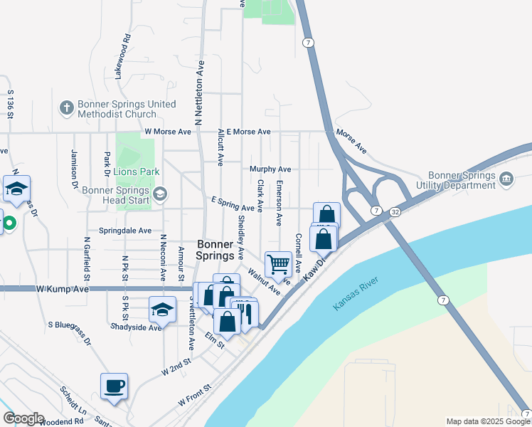 map of restaurants, bars, coffee shops, grocery stores, and more near 320 East Spring Avenue in Bonner Springs