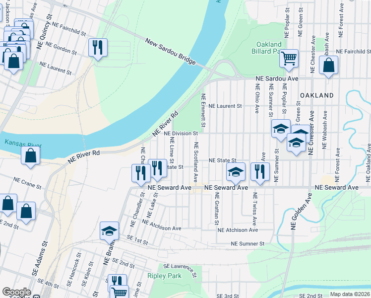 map of restaurants, bars, coffee shops, grocery stores, and more near 534 Northeast Wilson Avenue in Topeka