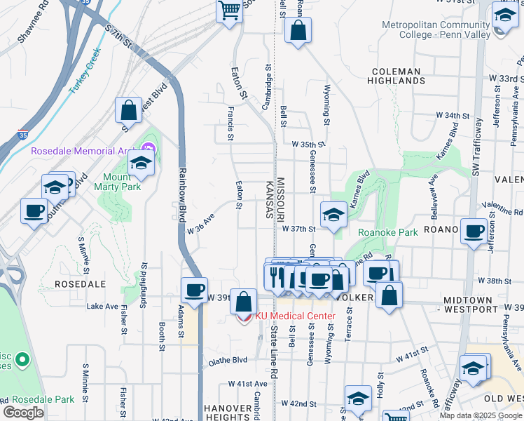 map of restaurants, bars, coffee shops, grocery stores, and more near 3613 Cambridge Street in Kansas City