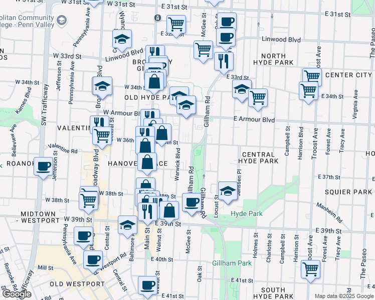map of restaurants, bars, coffee shops, grocery stores, and more near 3606 Gillham Road in Kansas City