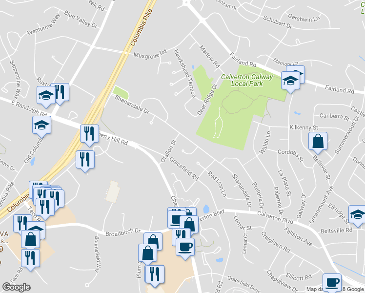 map of restaurants, bars, coffee shops, grocery stores, and more near 12508 Marie Court in Silver Spring