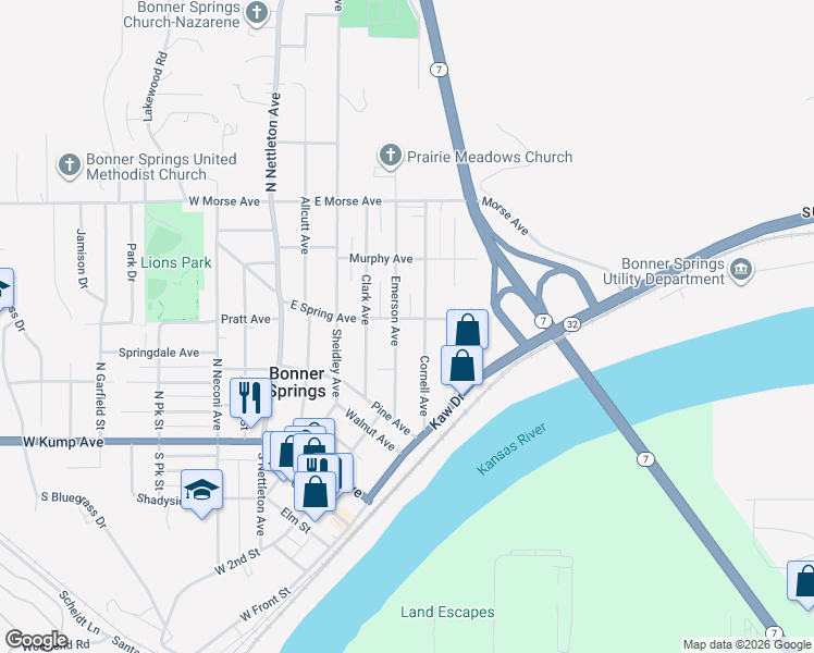 map of restaurants, bars, coffee shops, grocery stores, and more near 506 East Spring Avenue in Bonner Springs