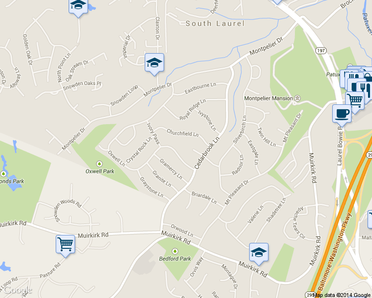map of restaurants, bars, coffee shops, grocery stores, and more near 8901 Boxford Ct in Laurel