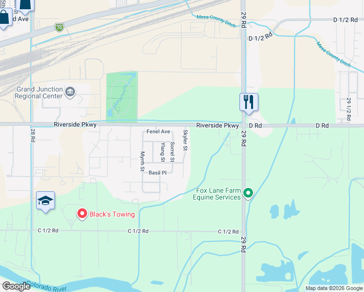 map of restaurants, bars, coffee shops, grocery stores, and more near 391 1/2 Skyler Street in Grand Junction