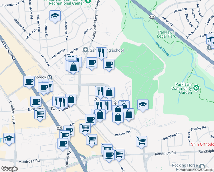 map of restaurants, bars, coffee shops, grocery stores, and more near 12406 Parklawn Drive in Rockville