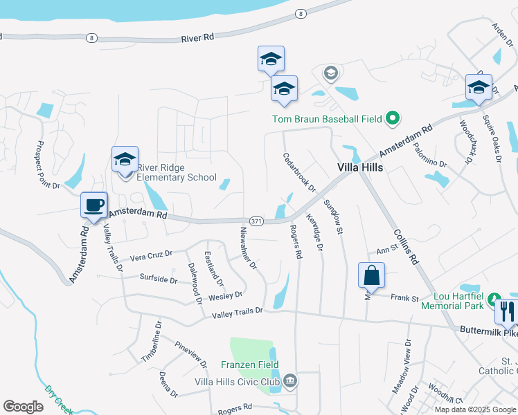 map of restaurants, bars, coffee shops, grocery stores, and more near 1008 Stonewood Court in Villa Hills