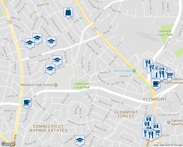 map of restaurants, bars, coffee shops, grocery stores, and more near 12412 Denley Rd in Silver Spring