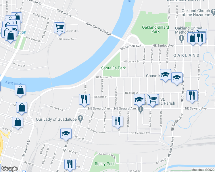 map of restaurants, bars, coffee shops, grocery stores, and more near 533 Northeast Wilson Avenue in Topeka