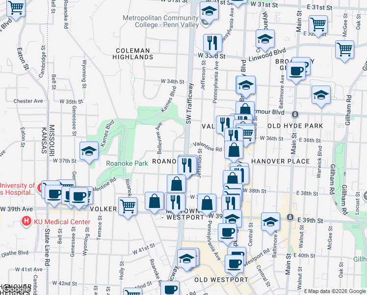 map of restaurants, bars, coffee shops, grocery stores, and more near 814 Valentine Road in Kansas City