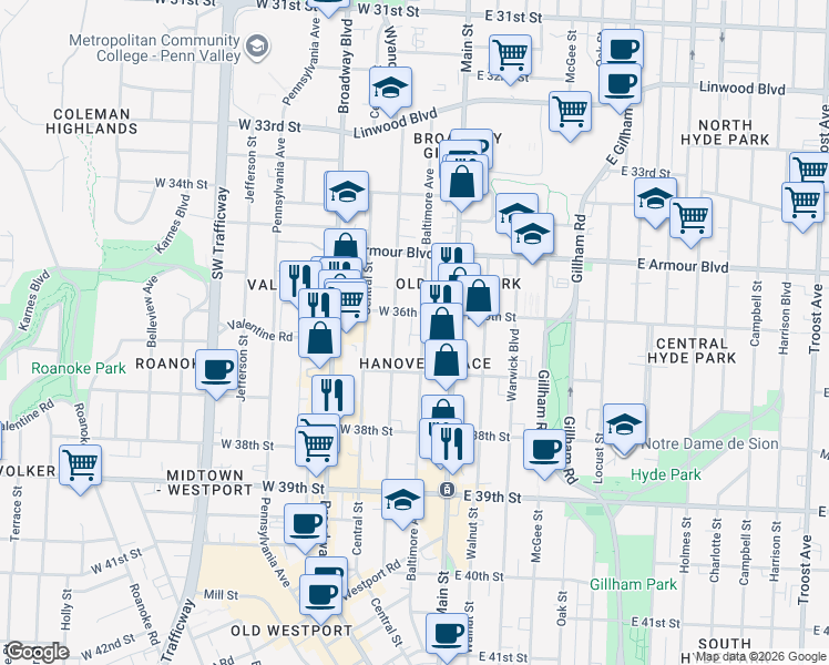 map of restaurants, bars, coffee shops, grocery stores, and more near 3606 Baltimore Avenue in Kansas City