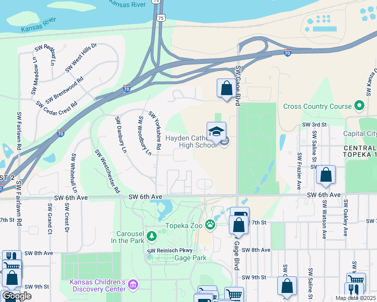 map of restaurants, bars, coffee shops, grocery stores, and more near 4107 North Southwest Woodbury Court in Topeka