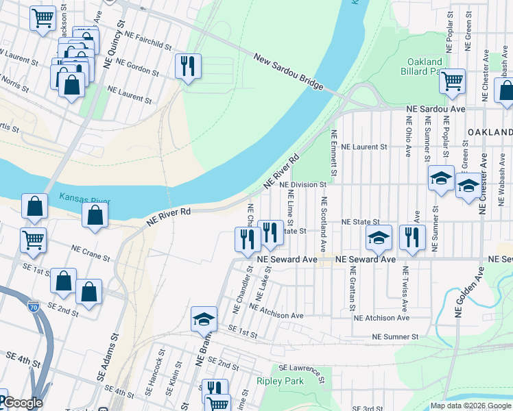 map of restaurants, bars, coffee shops, grocery stores, and more near 534 NE Chandler St in Topeka