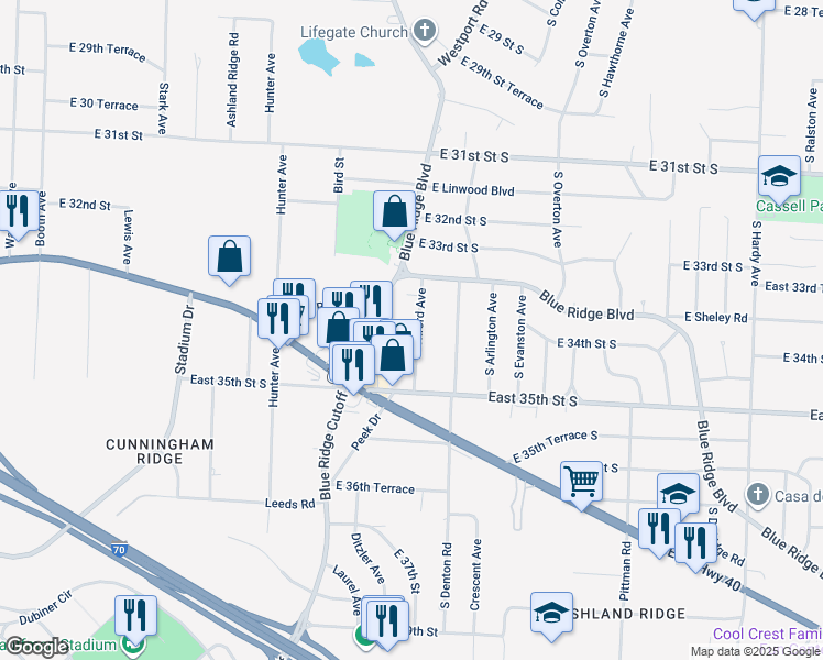 map of restaurants, bars, coffee shops, grocery stores, and more near 3406 South Oxford Avenue in Independence