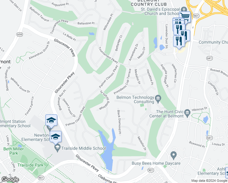 map of restaurants, bars, coffee shops, grocery stores, and more near 20043 Presidents Cup Terrace in Ashburn