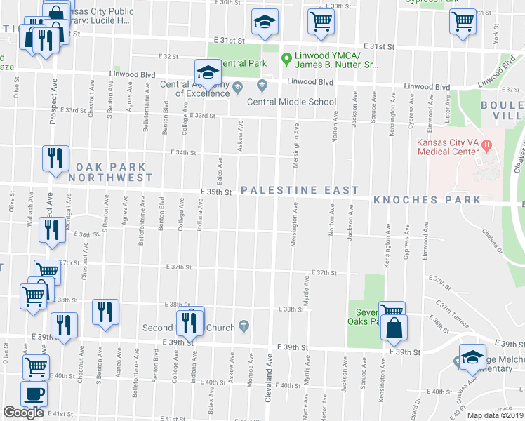 map of restaurants, bars, coffee shops, grocery stores, and more near 3519 Monroe Avenue in Kansas City