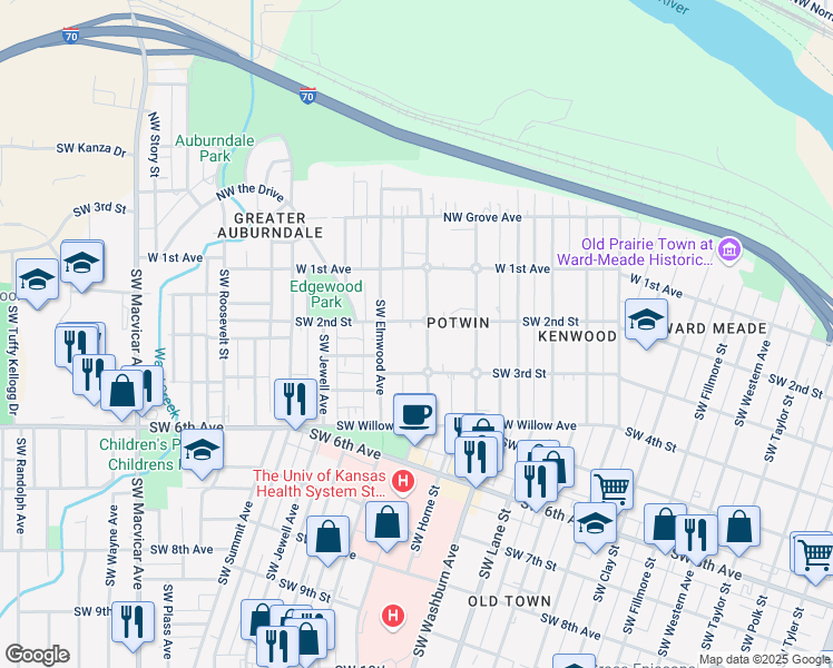 map of restaurants, bars, coffee shops, grocery stores, and more near 311 Southwest Woodlawn Avenue in Topeka