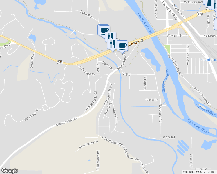 map of restaurants, bars, coffee shops, grocery stores, and more near 383 South Redlands Road in Grand Junction