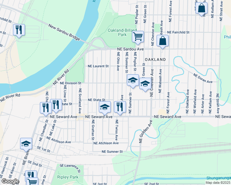 map of restaurants, bars, coffee shops, grocery stores, and more near 520 Northeast Twiss Avenue in Topeka