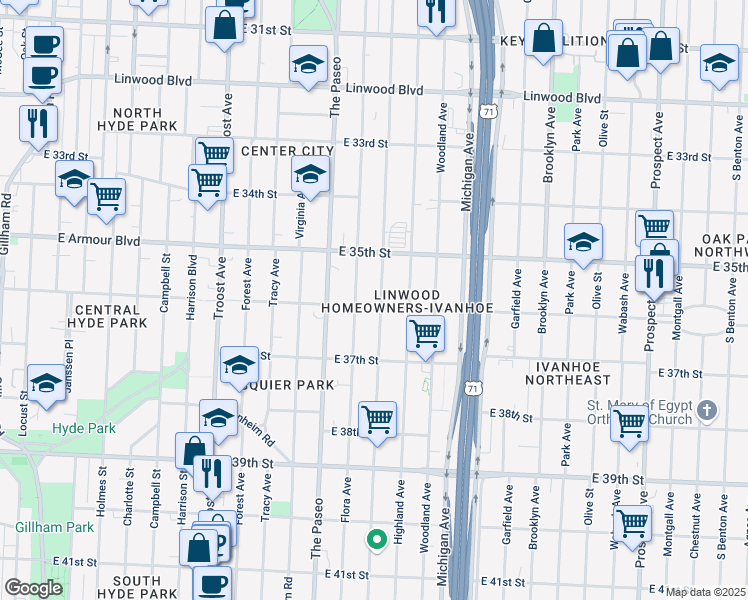 map of restaurants, bars, coffee shops, grocery stores, and more near 3543 Wayne Avenue in Kansas City