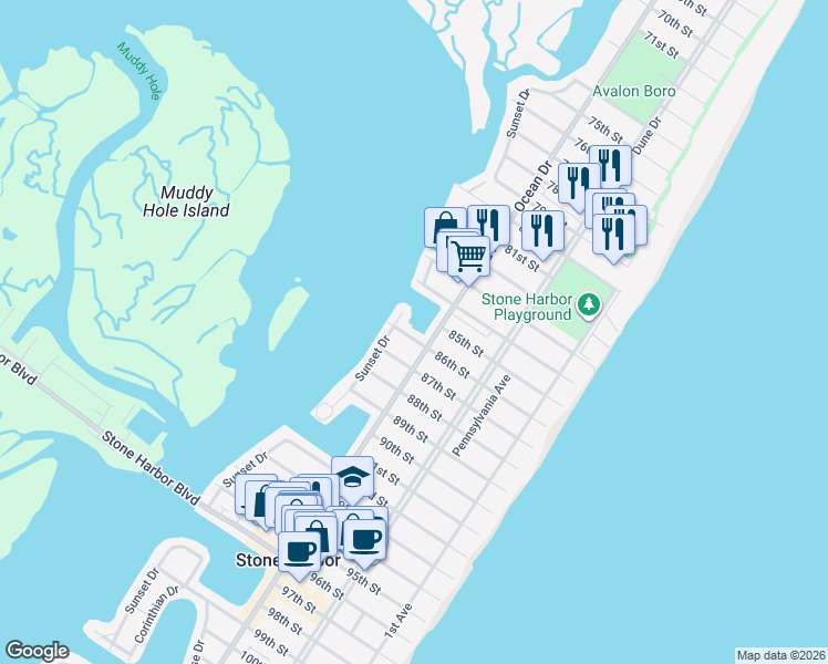 map of restaurants, bars, coffee shops, grocery stores, and more near 324 86th Street in Stone Harbor