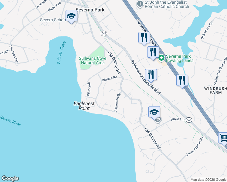 map of restaurants, bars, coffee shops, grocery stores, and more near 3 Tower Road in Severna Park