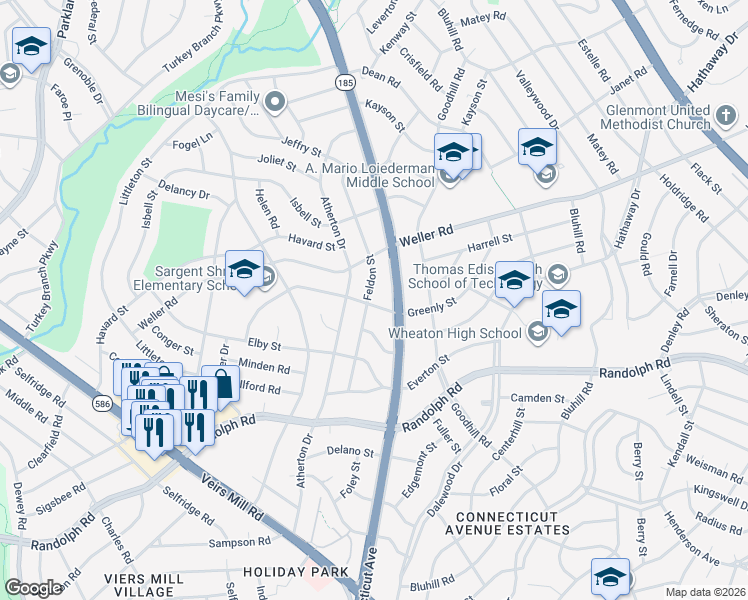 map of restaurants, bars, coffee shops, grocery stores, and more near 12501 Feldon Street in Silver Spring