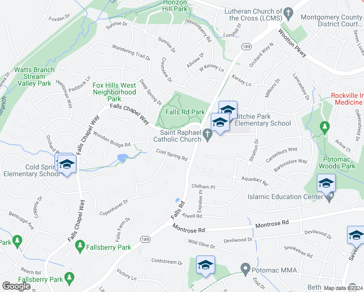 map of restaurants, bars, coffee shops, grocery stores, and more near 12540 Falls Road in Rockville