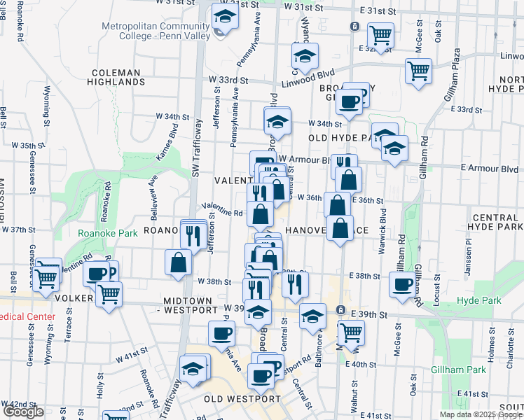map of restaurants, bars, coffee shops, grocery stores, and more near 411 Valentine Road in Kansas City