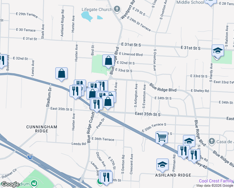 map of restaurants, bars, coffee shops, grocery stores, and more near 3322 South Denton Road in Independence
