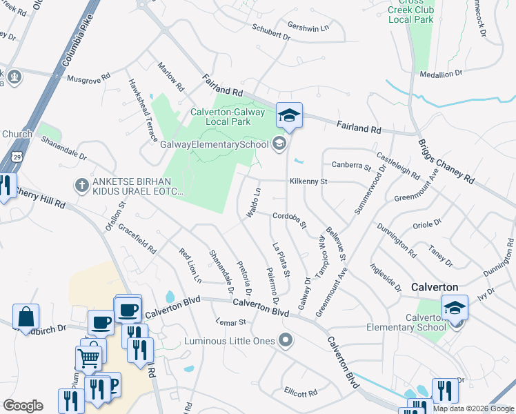 map of restaurants, bars, coffee shops, grocery stores, and more near 12513 Waldo Lane in Silver Spring