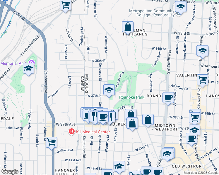 map of restaurants, bars, coffee shops, grocery stores, and more near 3615 Wyoming Street in Kansas City