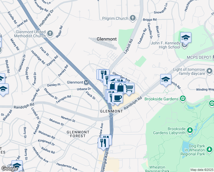 map of restaurants, bars, coffee shops, grocery stores, and more near 2307 Greenery Lane in Silver Spring