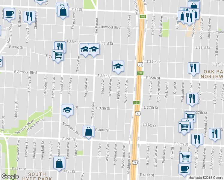 map of restaurants, bars, coffee shops, grocery stores, and more near 3543 Wayne Avenue in Kansas City