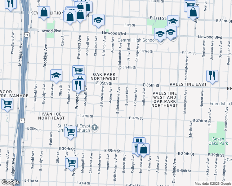 map of restaurants, bars, coffee shops, grocery stores, and more near 3522 Bellefontaine Avenue in Kansas City