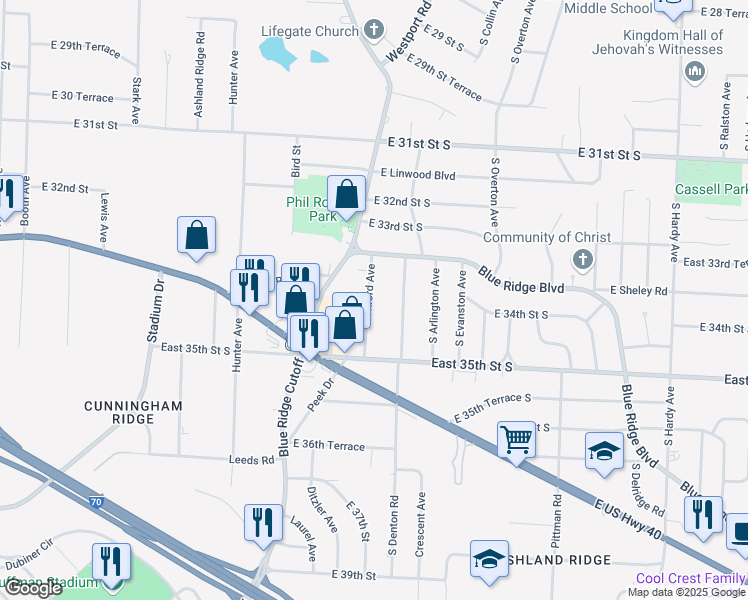 map of restaurants, bars, coffee shops, grocery stores, and more near 3322 South Denton Road in Independence