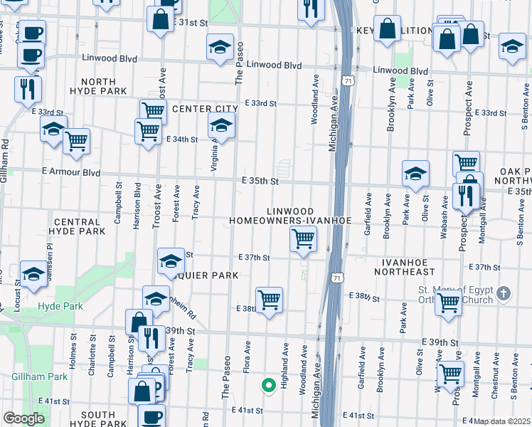 map of restaurants, bars, coffee shops, grocery stores, and more near 3543 Wayne Avenue in Kansas City