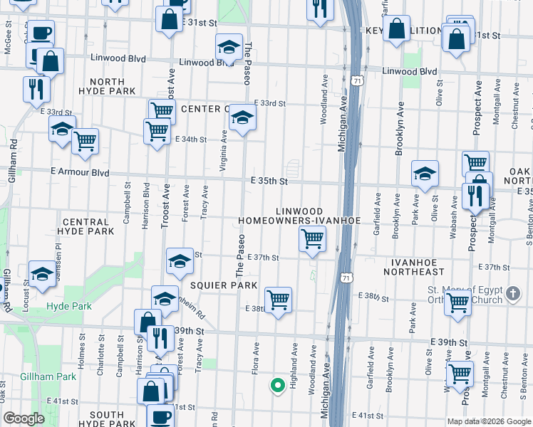 map of restaurants, bars, coffee shops, grocery stores, and more near 3538 Flora Avenue in Kansas City
