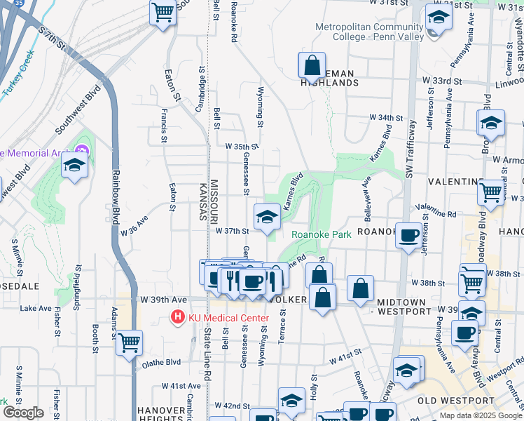 map of restaurants, bars, coffee shops, grocery stores, and more near 3615 Wyoming Street in Kansas City