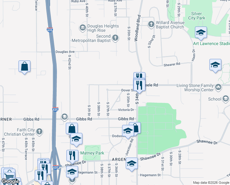 map of restaurants, bars, coffee shops, grocery stores, and more near 3615 Dover Street in Kansas City