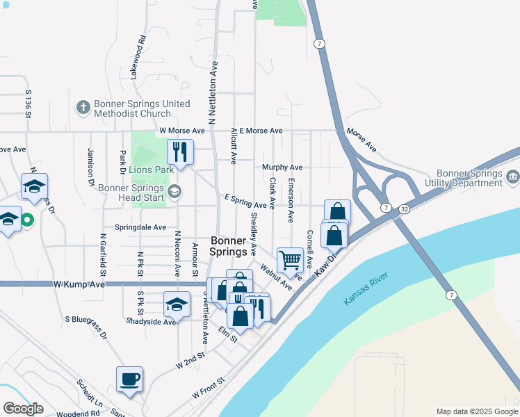 map of restaurants, bars, coffee shops, grocery stores, and more near 320 East Spring Avenue in Bonner Springs