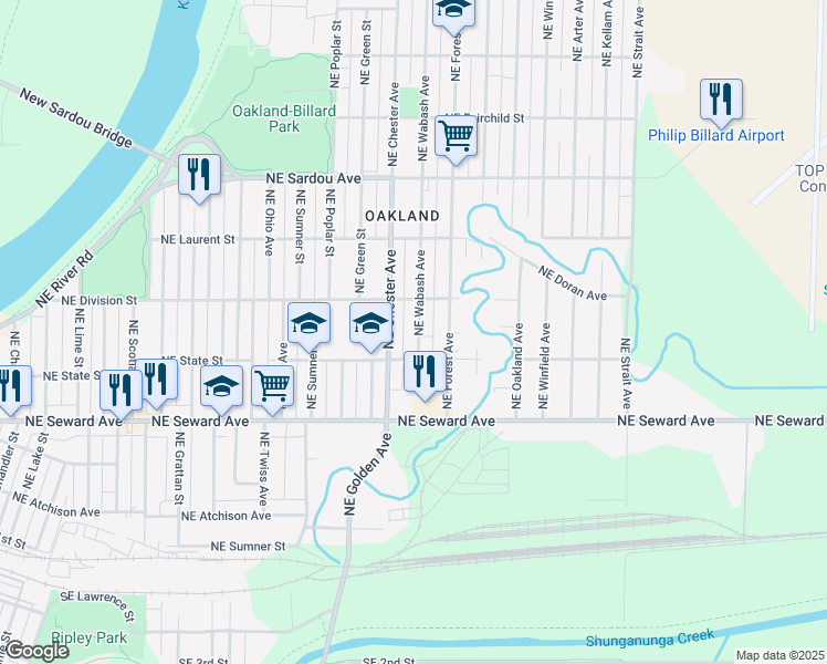 map of restaurants, bars, coffee shops, grocery stores, and more near 521 Northeast Wabash Avenue in Topeka