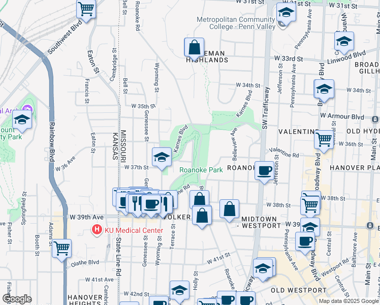 map of restaurants, bars, coffee shops, grocery stores, and more near 3622 East Roanoke Drive in Kansas City
