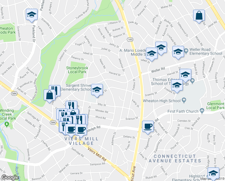 map of restaurants, bars, coffee shops, grocery stores, and more near 12519 Bushey Drive in Silver Spring