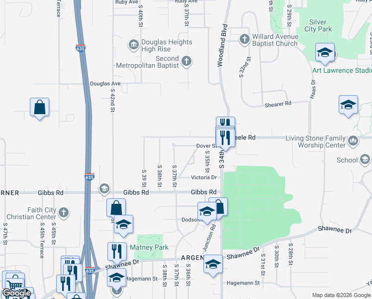 map of restaurants, bars, coffee shops, grocery stores, and more near 3615 Dover Street in Kansas City