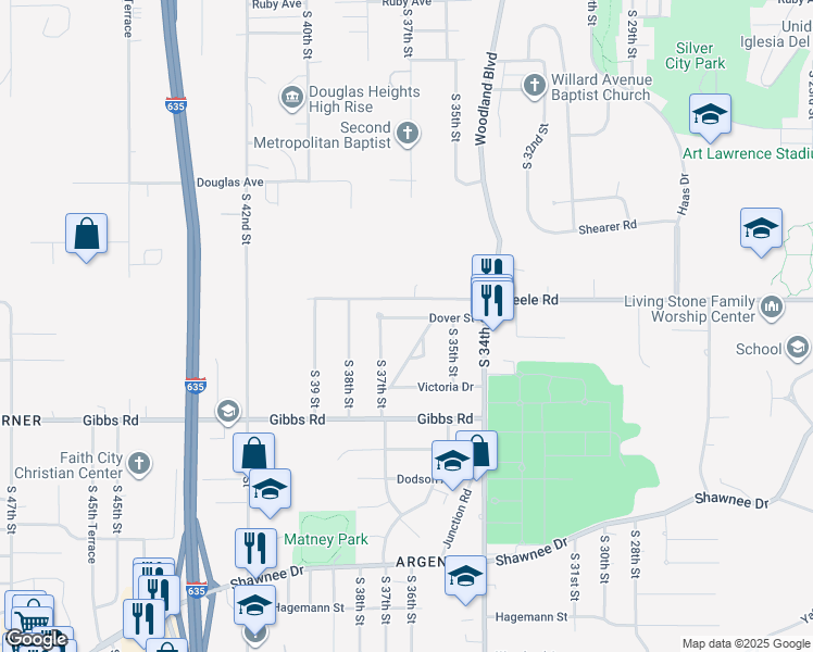 map of restaurants, bars, coffee shops, grocery stores, and more near 3615 Dover St in Kansas City