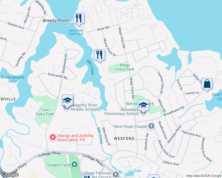 map of restaurants, bars, coffee shops, grocery stores, and more near 401 Howard Avenue in Arnold