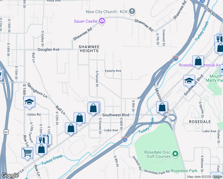 map of restaurants, bars, coffee shops, grocery stores, and more near 1600 Rosedale Drive in Kansas City