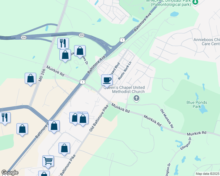 map of restaurants, bars, coffee shops, grocery stores, and more near 12401 Brickyard Station Drive in Beltsville
