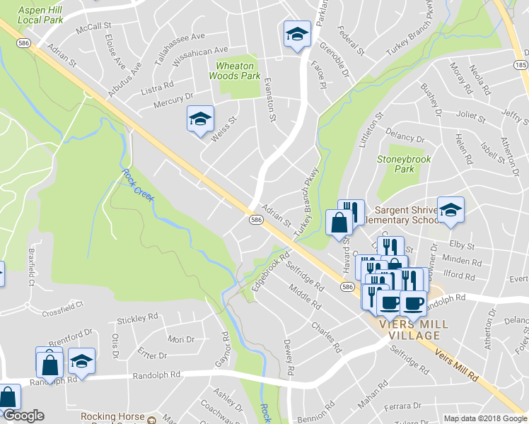 map of restaurants, bars, coffee shops, grocery stores, and more near 4520 Adrian Street in Rockville