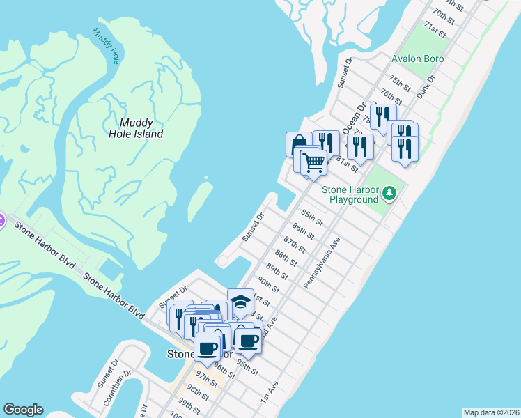 map of restaurants, bars, coffee shops, grocery stores, and more near 8601 Sunset Drive in Stone Harbor